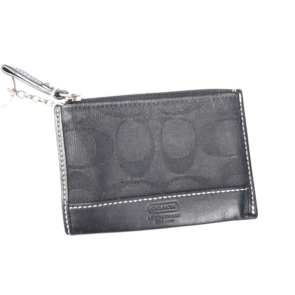 Coach Black Signature Canvas Leather Keychain Zipper Coin Purse Wallet ID Holder - Picture 1 of 5